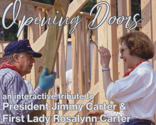 Image of President and First Lady Carter building walls of a home. 